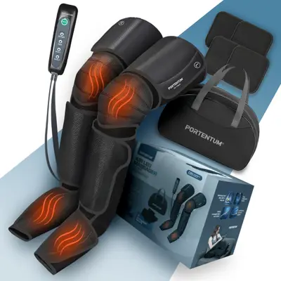 Portentum Air Leg Massager with Heat LMH-1 - Aparat masaj picioare cu compresie cu aer + caldura, 5 intensitati; continut: 2x manson masaj, telecomanda, alimentator, 4x extensii, husa