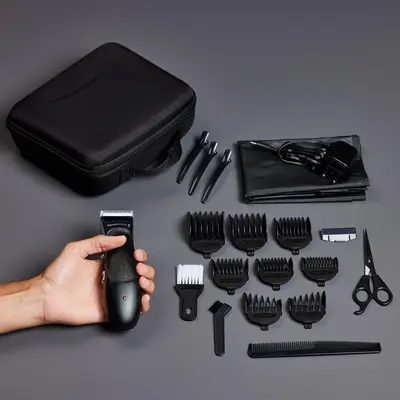 Remington Stylist Hair Clipper HC363C - Masina de tuns kit 20 piese (8 piepteni 3-25mm, foarfece, pelerina, perie gat, clame, husa), lame ceramice autoascutire, cord/cordless, 40 min