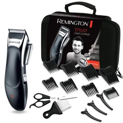 Remington Stylist Hair Clipper HC363C - Masina de tuns kit 20 piese (8 piepteni 3-25mm, foarfece, pelerina, perie gat, clame, husa), lame ceramice autoascutire, cord/cordless, 40 min