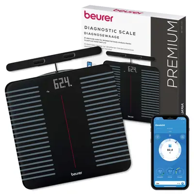 Beurer BF 990 WiFi - Cantar diagnostic premium, 8 electrozi, unitate handheld extractibila (analiza segmentala), 25 valori de sanatate, WiFi + Bluetooth, HealthManager Pro